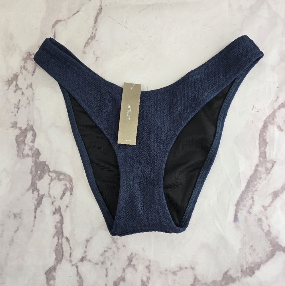 J Crew Swim Bottom Blue Curved Waist Textured Bikini Mid High Cut Cheeky BC050